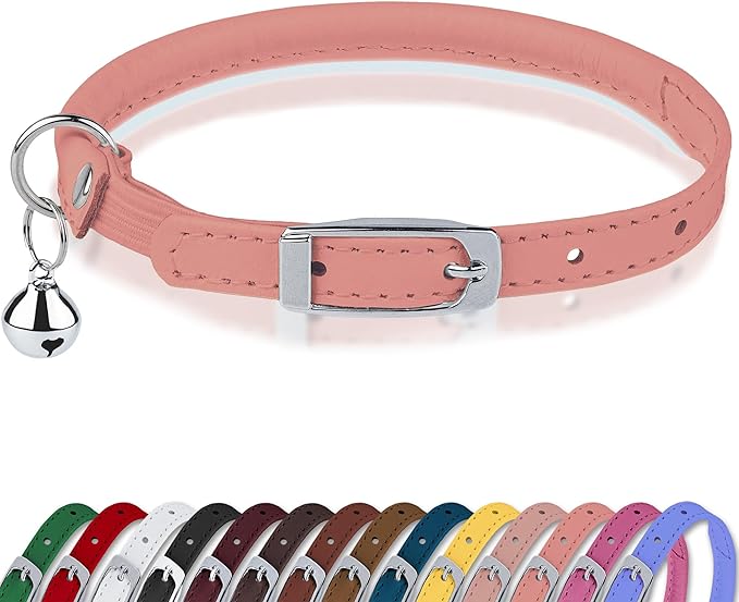 OOPSDOGGY Rolled Leather Cat Collar with Bell, Reflective Kitten Collars with Buckle Include Safety Elastic Strap - Adjustable Small Pet Collars for Boy Girl Cats (Peach)-Mewly Pet