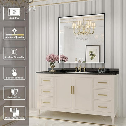 32x32 Inch LED Bathroom Mirror, Black Metal Framed Lighted Mirror for Bathroom, Wall Mouted LED Vanity Mirror with Lights, 3 Colors and Stepless Dimmable, Anti-Fog, Memory
