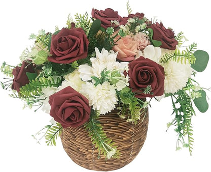 Artificial Flowers 25pcs Fake Roses, Burgundy Foam Rose Faux Flower for DIY Wedding Bouquets Bridal Shower Centerpieces Floral Arrangements Home Decorations Party Backdrops Table