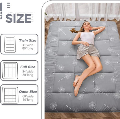 MAXYOYO Futon Mattress Japanese Floor Mattress, Extra Thick Dandelion Pattern Bed Mattress Topper, Quilted Folding Sleeping Pad Breathable Floor Lounger Guest Bed for Camping, Grey, Full