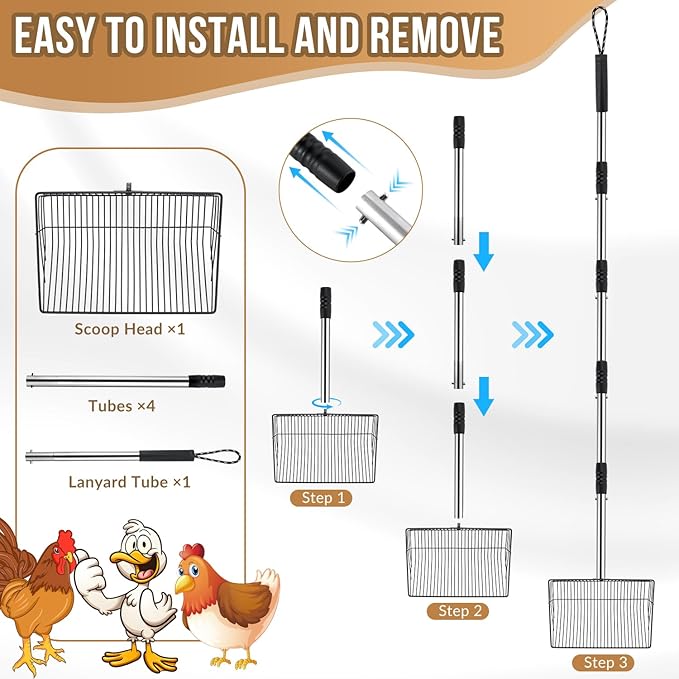 SlowTon 10-inch Large Chicken Poop Scooper - 5 in 1 Multifunctional Chicken Litter Scoop with 35 to 67in Stainless Steel Handle, Heavy Duty Chicken Coop Cleaning Tool Litter Sifting Shovel-Mewly Pet