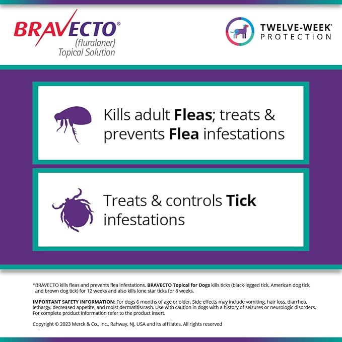 BRAVECTO Topical Solution for Dogs, Flea & Tick, 12 Week Supply, >88-123 lbs., Pink Box-Mewly Pet