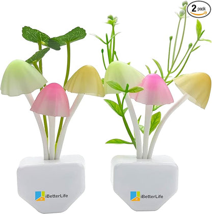 iBetterLife Sensor Night Light Color Changing Plug in Wall LED Mushroom Nightlight with Dusk to Dawn Sensor Auto On/Off Cottage Core Decor Lamp, Super Power Saving, 2 Pack