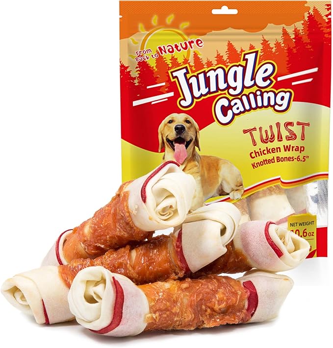 Jungle Calling Chicken Wrap Knotted Bones Dog Chews, Long Lasting Beefhide Treats Real Rawhide Bones for Large Dogs Edible Training Treats-Mewly Pet