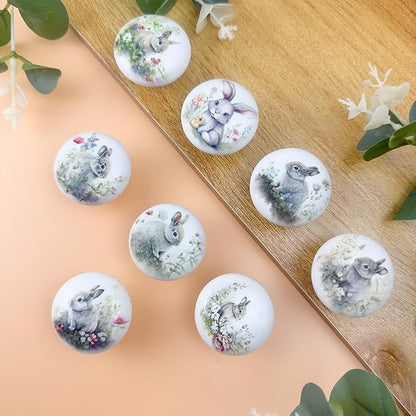 8Pack1.5 Rabbit with Flowers Ceramics Handle Knob Cute Safari Animal Decor Cabinet Dresser Drawer Knobs and Pulls