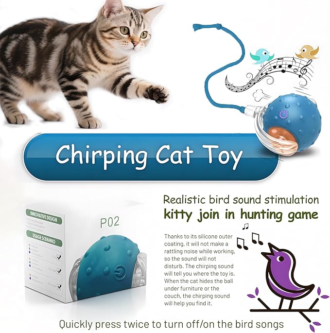 Interactive Cat Toys Ball - 2025 New Gen with Smart Obstacle Avoidance,Bird Chirps & Auto Wake-Up,Includes 1 Speedy Tail 2.0 Ropes, Ideal Kitten Toys for Bored Indoor Cats (Blue)-Mewly Pet