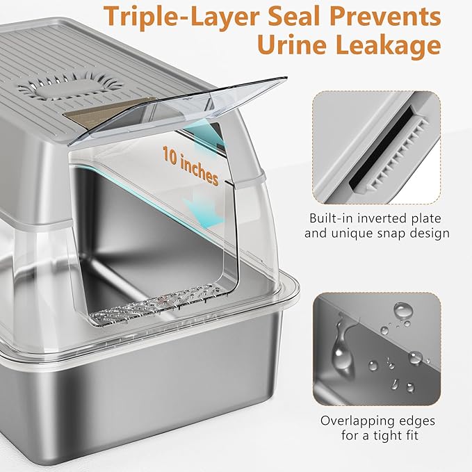 Stainless Steel Cat Litter Box with Lid, XL Extra Large Litter Box for Big Cats, Enclosed Removable Metal Litter Boxs with High Sided Enclosure & Scoop, Anti-Leakage, Non-Sticky, Easy Cleaning(Grey)-Mewly Pet