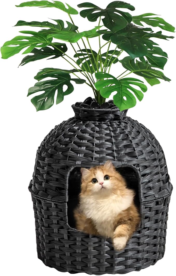 Cat Litter Box Plant Furniture Enclosure, Hidden Handwoven Rattan with Cat Litter Box and Artificial Plants, Odor Control Filter, Real Stones in Living Room, Bedroom, Corner (Black)-Mewly Pet