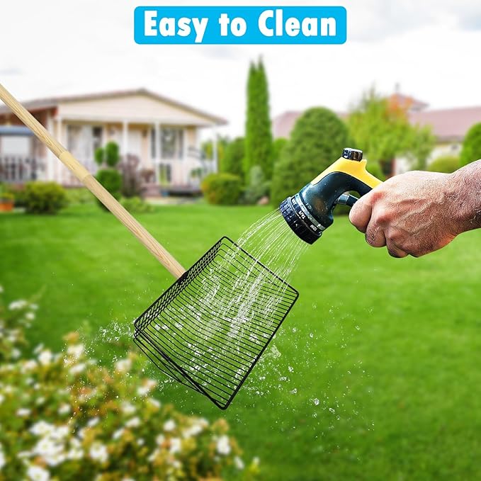 PINVNBY Stainless Steel Chicken Poop Scooper 3 in 1 Adjustable Wooden Handle Poop Scooper for Chicken(18.1" to 42.1")Multifunctional Chicken Coop Cleaning Tools Sifting Shovel Chicken Coop Accessories-Mewly Pet