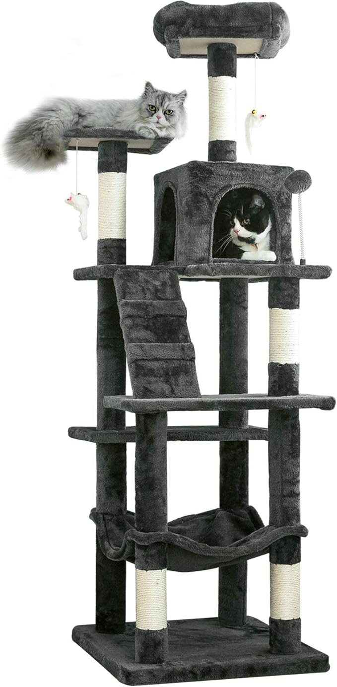 MWPO 63.8 inches Multi-Level Cat Tree for Large Cats with Sisal-Covered Scratching Posts, Padded Platform, Hammock and Condo,Stable Cat Tower Cat Condo Pet Play House-Smoky Gray-Mewly Pet