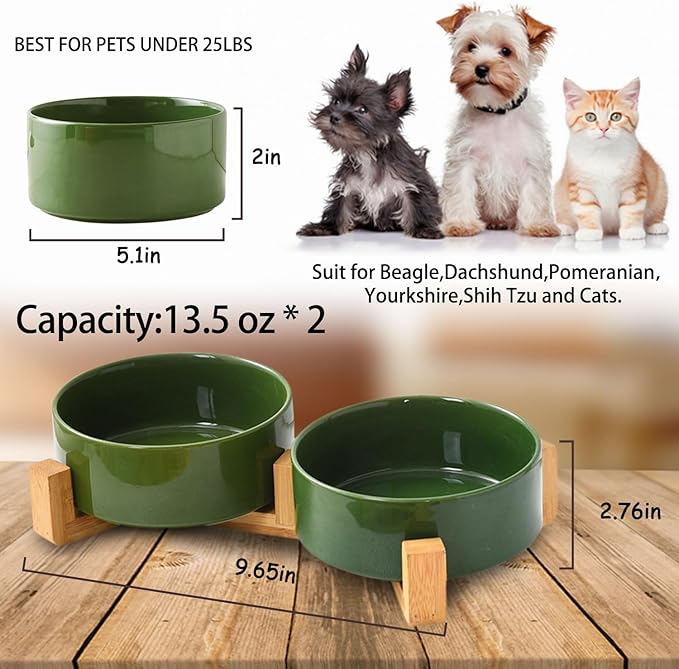 Petygooing Dog Bowls,Ceramic Cat Dog Bowl Set with Wood Stand for Food and Water,Non-Slip Cute Modern Pet Dish for Cats and Small Size Dogs (13.5OZ/5.1 in) Rust Green-Mewly Pet