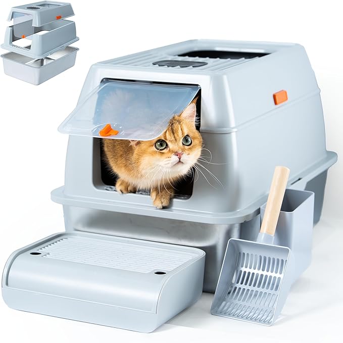 Cattasaurus Stainless Steel XL Cat Litter Box with Lid for Large Cats Up to 40lbs, Removable Kitty Litter Box Enclosure, Top Entry Litter Box, Durable Scoop & Pedal (Stainless Steel - Only Base)-Mewly Pet