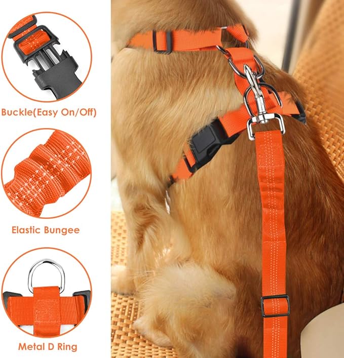 Lukovee Dog Seat Belt - Adjustable Dog Car Harness for Large, Medium & Small Dogs, Soft Padded & Breathable Mesh Dog Seatbelt with Vehicle Connector Strap (Orange, X-Small)-Mewly Pet
