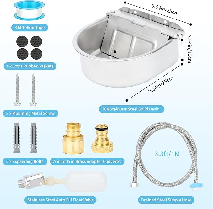 FHTONGE 304 Stainless Steel Automatic Dog Water Bowl Dispenser with Drainage and Float Valves, Large Auto Fill Dog Waterer for Outdoor Big Dogs Livestock Poultry Horse Cow Goat Pig Chicken Duck Rabbit-Mewly Pet