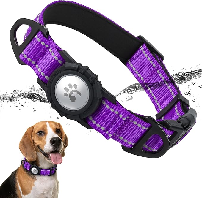 TagME Airtag Dog Collar,Waterproof Reflective Pet Collar with Airtag Holder,Soft Padded and Double D-Rings for Medium Dogs,Purple-Mewly Pet