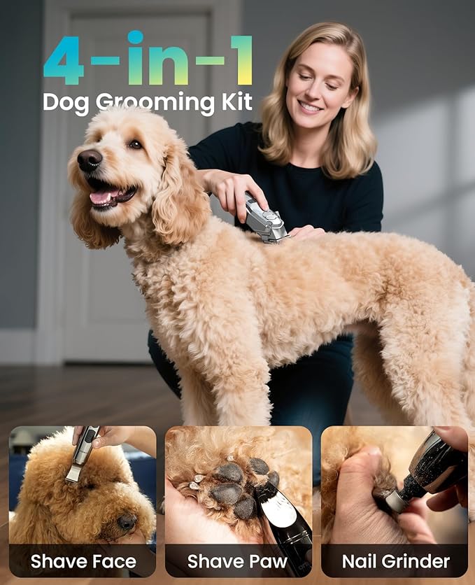 oneisall Dog Clippers for Grooming Thick/Heavy Coats, 4-in-1 Dog Grooming Kit Low Noise with Stainless Steel Blade, Cordless Dogs Paw Trimmer Pet Nail Grinder for Small & Large Dogs Cats Animals-Mewly Pet