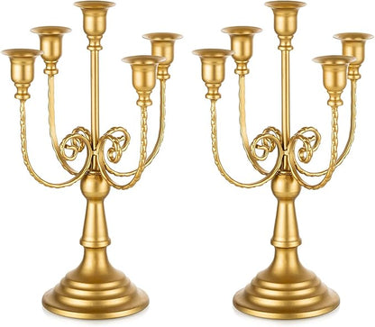 Romadedi Candelabra Gold Candle Holders - 5 Arm 11.8" Wedding Candlestick Holder for Theme Party Table Centerpiece Decor Dining Room Birthday Holiday Christmas, Set of 2