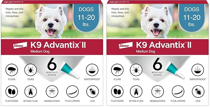 K9 Advantix II Medium Dog Vet-Recommended Flea, Tick & Mosquito Treatment & Prevention | Dogs 11-20 lbs. | 6-Mo Supply (Pack of 2)-Mewly Pet
