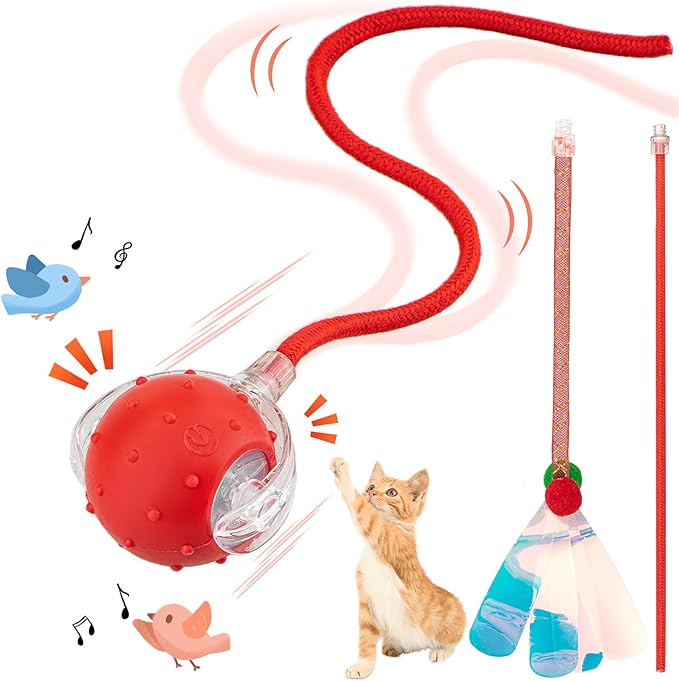 Interactive Cat Toys Ball for Indoor Cats, Automatic Agile Rolling Cat Ball with Elastic Mesh Tail, Bird Chirping & Motion Activated, 2 Tail Accessories, Kitten Toy for Bored (Red)-Mewly Pet