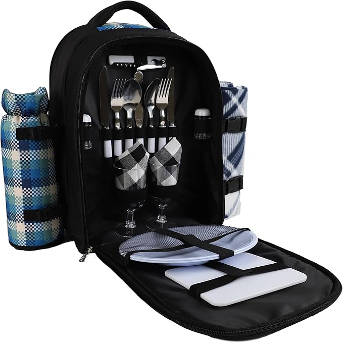 apollo walker Picnic Backpack Bag for 2 Person with Cooler Compartment, Detachable Bottle/Wine Holder, Fleece Blanket, Plates and Cutlery Set-Mewly Pet