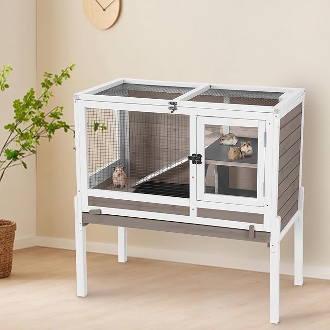 AIVITUVIN Wooden Guinea Pig Cage Indoor with Cooling Plate and Anti-Chewing Edges Two-Story Rabbit Hutch Pull Out Tray Outdoor Rabbit Cage with Raised Stand and Wire Mesh Small Animals Cage (Brown-Mewly Pet