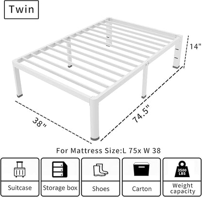 ROIL 14 Inch White Twin Size Bed Frame with Rounded Corner and Headboard Hole Mattress Retainers 3500LBS Heavy Duty Steel Slats No Box Spring Needed Platform Noise-Free Easy Assembly
