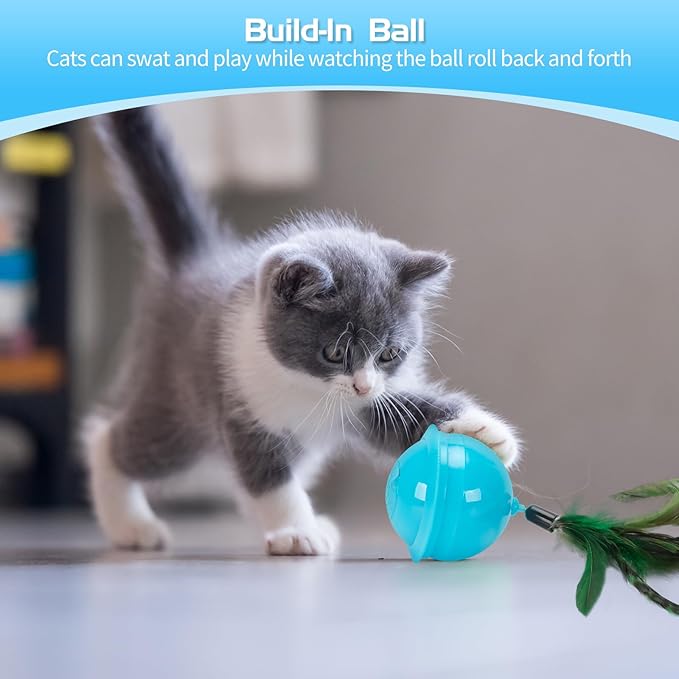 Cat Feather Toy Ball Automatic Moving Interactive Cat Toys for Indoor Cats, Self Rolling Electric Smart Tumbler Ball with Colorful Light and Big Feather Chasing Game (Blue)-Mewly Pet