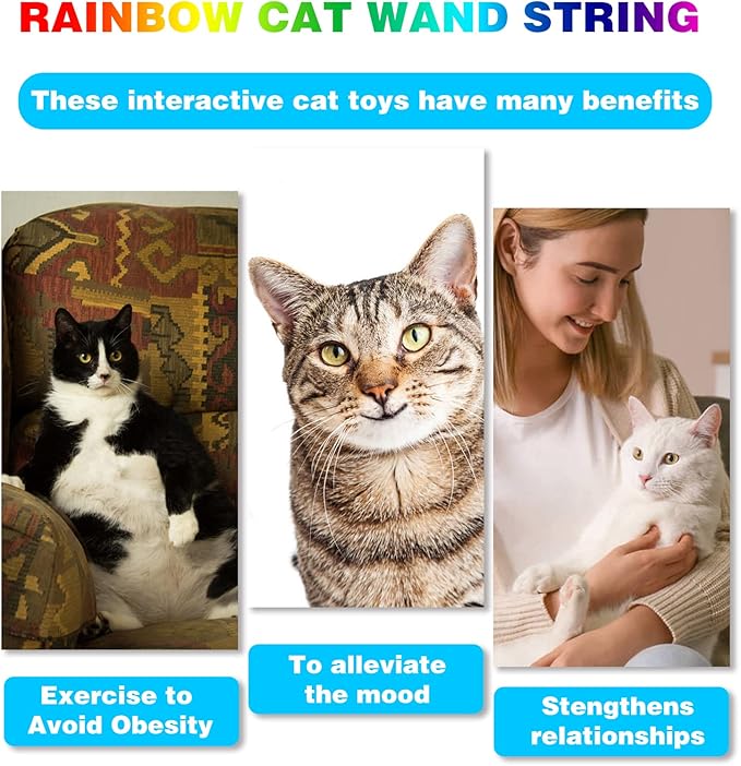 Cat Wand Toys Interactive Kitten Toys for Indoor Cats Colorful Teaser Wand String for Exercise Kitten Stick Kitty Rope Toy Rainbow Ribbon Cat Charmer -2Pcs-Mewly Pet