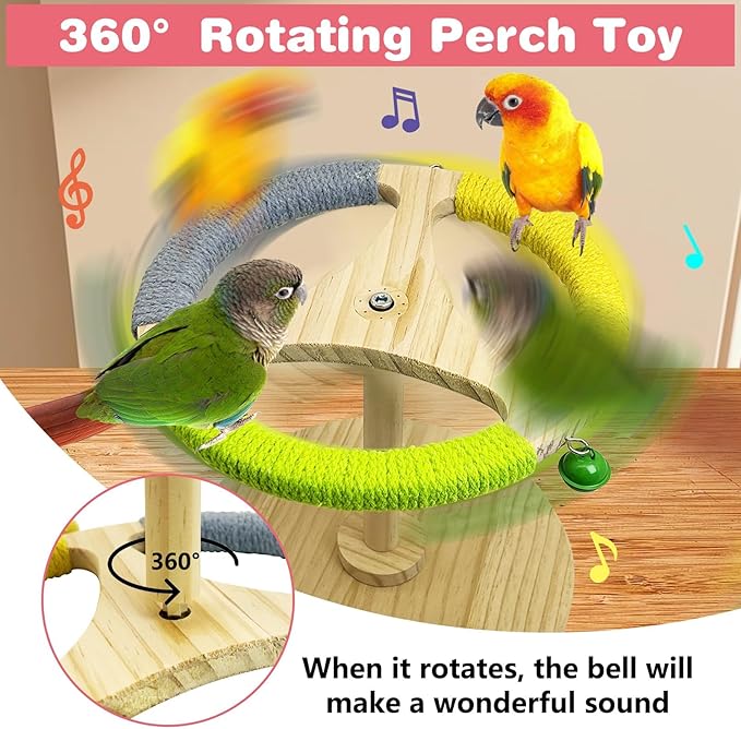 PINVNBY Bird Stand Perch Toy Wooden Spinning Parrot Perch with Cotton Rope and Bell Interactive Cockatiel Toy Bird Cage Accessories for Parakeets Conures Budgies Finches Lovebirds-Mewly Pet