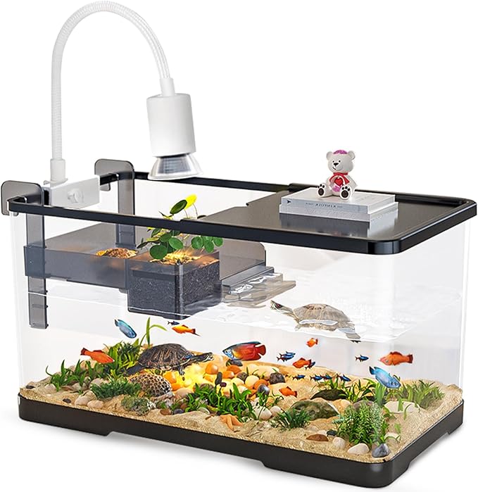 (Tank + Light + Filter + Filter Balls) Turtle Tank Kit, Turtle Tank Starter Kit,Bottom Drainage, Multi-Function Areas for Turtles, Crabs,Fishes, Amphibians,Reptiles. (21.65 × 12.28 × 12.28 Inch)-Mewly Pet