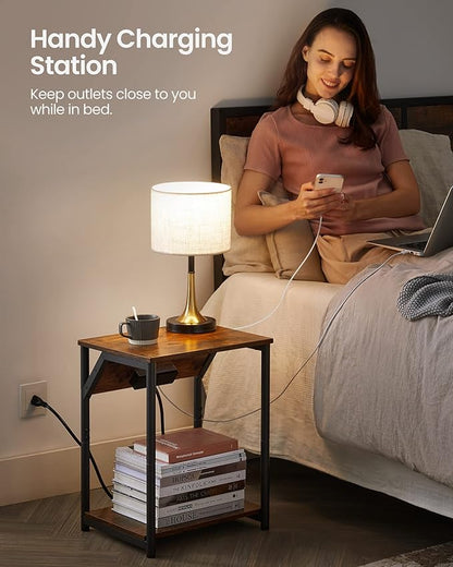 VASAGLE End Table with Charging Station, Small Side Table for Living Room, Bedroom, Nightstand with Outlets and USB Ports, Bedside Table with Storage Shelf, Rustic Brown and Black
