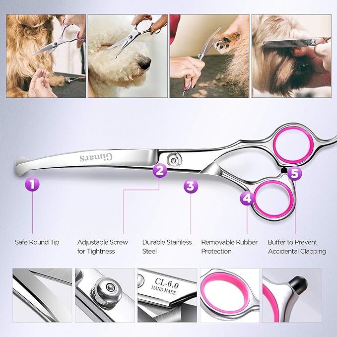 Gimars Professional 4CR Stainless Steel 6 in 1 Grooming Scissors for Dogs with Safety Round Tip, Heavy Duty Titanium Coated Pet Grooming Scissor for Dogs, Cats and Other Animals-Mewly Pet