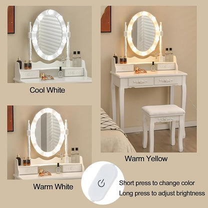 Giantex Makeup Vanity Table with 10 LED Lights, Adjustable Brightness, 3 Color Light Modes, 4 Drawers, Rotatable Mirror, Cushioned Stool, Vanity Desk Dressing Table Bedroom Furniture (White)