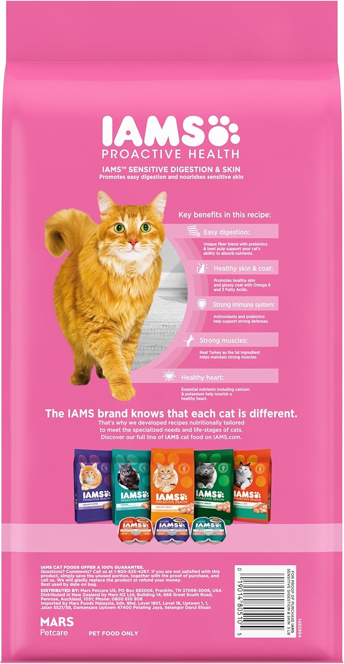 Iams IAMS PROACTIVE HEALTH Adult Sensitive Digestion & Skin Dry Cat Food with Real Turkey Cat Kibble, 3 lb. Bag-Mewly Pet