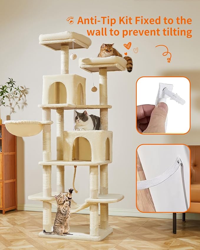 Taoqimiao Cat Tree, 71.7-Inch Cat Tower for Indoor Cats, Plush Multi-Level Cat Condo with 13 Scratching Posts, 2 Perches, 2 Caves, Hammock, 2 Pompoms,Beige MS013LM-Mewly Pet