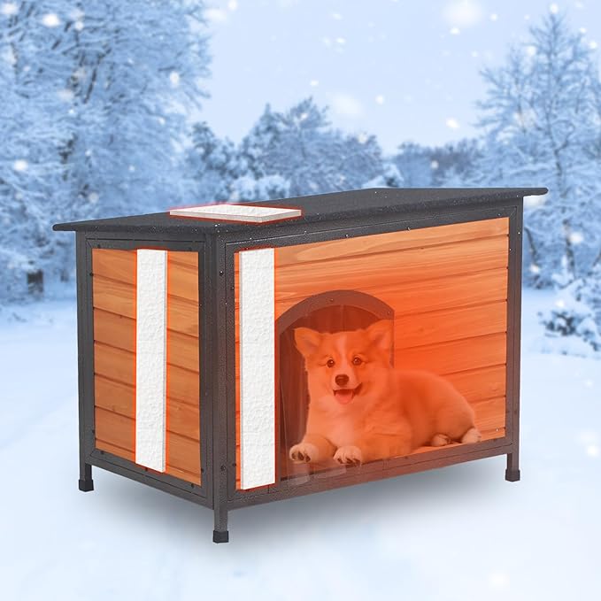 Dog House Outdoor Insulated 34.3" L Dog Kennel 6 Sides All-Round Foam Winter Weatherproof for Small Medium Dogs with Strong Metal Chew Proof Frame-Mewly Pet