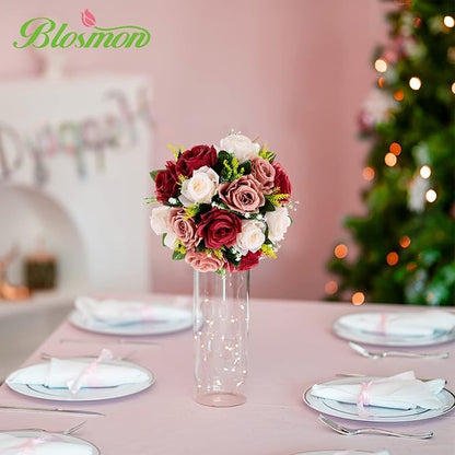 BLOSMON Wedding Flowers Decorations for Table: 6 Pcs Burgundy & Dusty Rose & Creamy White Fake Rose Flowers Balls Centerpieces- Artificial Silk Kissing Floral Arrangements Home Party DIY Decoration