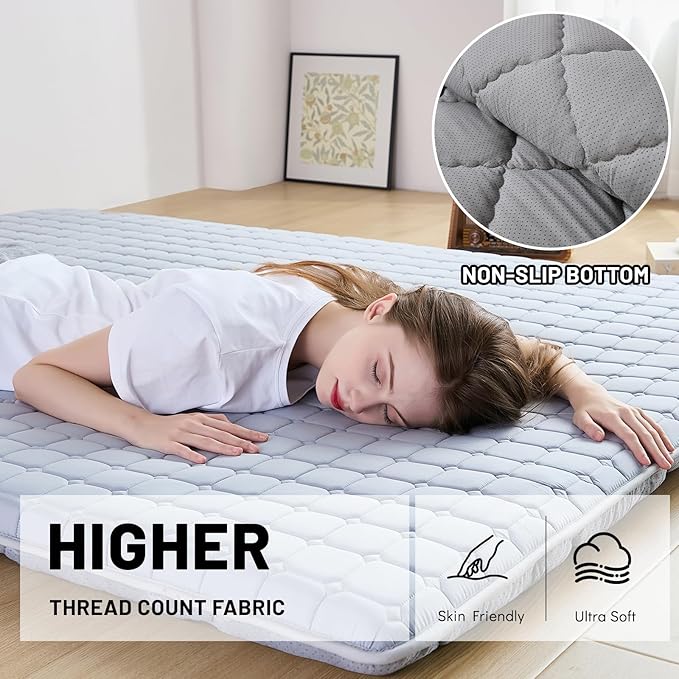 Japanese Floor Mattress Queen, Anti-Slip Japanese Futon Foldable Tatami Mat for Guests, Grey