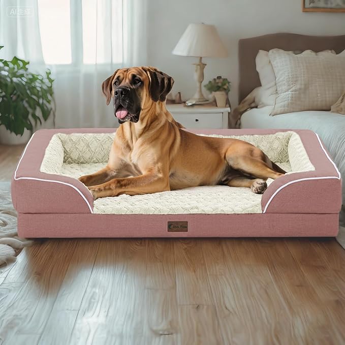 Orthopedic Dog Beds, Waterproof Memory Foam Large Sized Dog Bed with Sides, Non-Slip Bottom and Egg-Crate Foam Big Dogs Beds with Removable Washable Cover(Large,Pink)-Mewly Pet