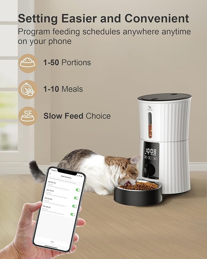 Petory Automatic Cat Feeders Wi-Fi - 4L Dry Food Dispenser for Cats and Dogs 10 Meals per Day Smart Pet Feeder with Desiccant Bag Dual Power Supply 10S Voice Recorder-Mewly Pet