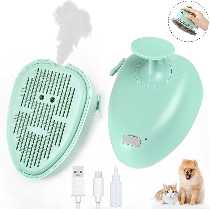 Cat Steam Brush for Shedding,Self Cleaning Cat Brush with Steam,Rechargeable Pet Steam Brush,Mist Brush Comb for Indoor Cats,Cat Hair Brush,Steamy Cat Brush for Short&Long Haired Pets.(Green)-Mewly Pet