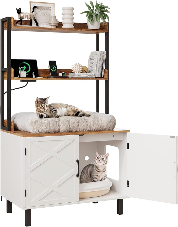 55 Inches Cat Litter Box Enclosure, Hidden Litter Box Furniture with 2 Storage Shelves and Charging Sockets, Wooden Cat House, Large Indoor Cabinet for Living Room & Entryway, White-Mewly Pet