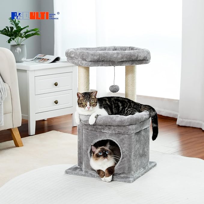 PEQULTI Cat Tree Tower for Indoor Cats with Private Cozy Cat Condo, Natural Sisal Scratching Posts and Plush Pom-pom for Small Cats-Mewly Pet