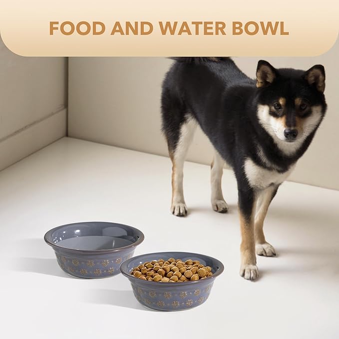 Ceramic 7.1inch Set of 2 Dog Bowls for Medium and Large Dog, 2pcs Basic Food and Water Dishes for Replacement, Wide Opening Rounded Edge (2 Bowls, Reactived Glaze -Grey)-Mewly Pet