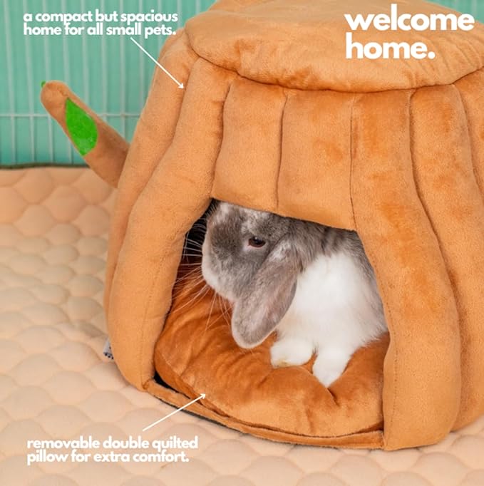 Hopp'd™ Guinea Pig Hideout & Bed – 2-in-1 Washable Tree Stump House | Rat, Ferret, Hamster, Bunny Bed Hideout | Waterproof, Anti-Slip, Chew-Proof | Free Pillow | Small Animal Accessories (Large)-Mewly Pet