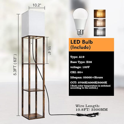 RUNTOP Floor Lamp with Shelves, Modern Shelf Lamp for Display Storage, 3 Color Temperature Wood Narrow Standing Corner Lamp with 8W Bulb for Living Room Decor, Bedroom, Office, Home Decor(Brown)