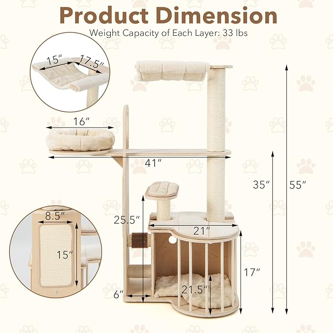 Tangkula Wood Cat Tree for Indoor Cats, 55 Inch Multi-Level Cat Tower Activity Center with Hammock, Cat Condo, Sisal Scratching Posts & Washable Cushions, Modern Cat Tree Houses for Large Cats-Mewly Pet