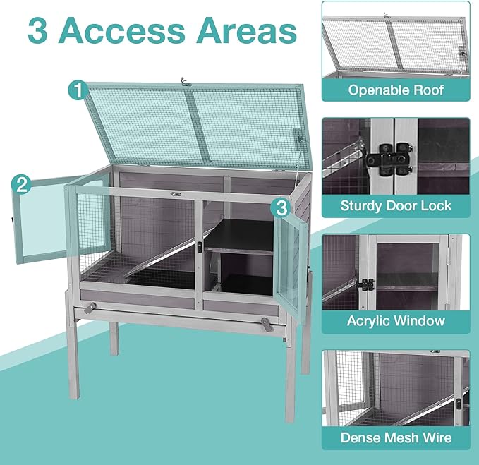 Guinea Pig Cage with Wooden Stand,Indoor Rabbit Hutch with 2 Stories,Hamster Cage with Anti Chew Ramp,Hideout, Platform, Pull Out Tray (Grey)-Mewly Pet