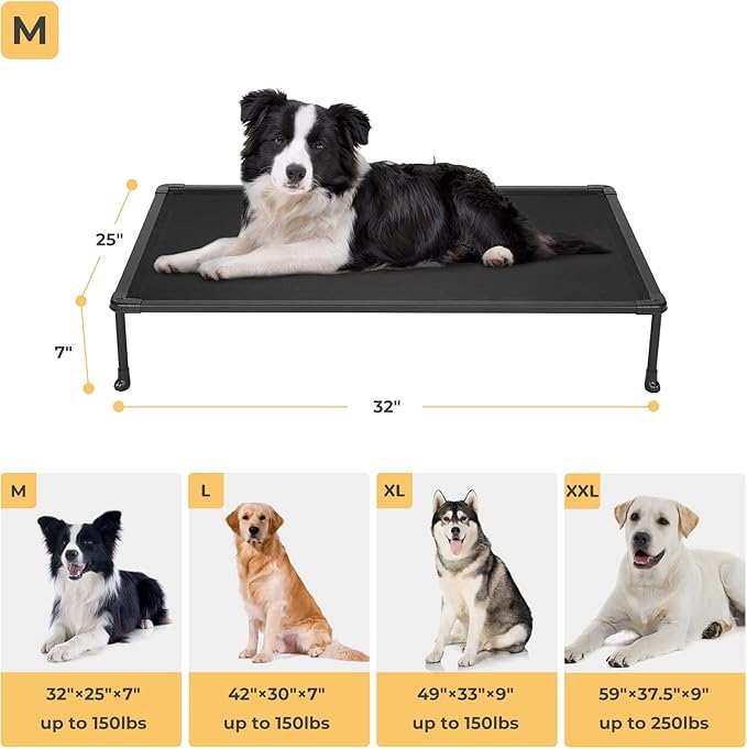 Veehoo Chewproof Elevated Dog Bed - Cooling Raised Pet Cot, Breathable Mesh, Washable & Non-Slip for Medium Dogs, Indoor/Outdoor, Black Mat and Black Frame, 32x25inches (Model CWC2203A03)-Mewly Pet
