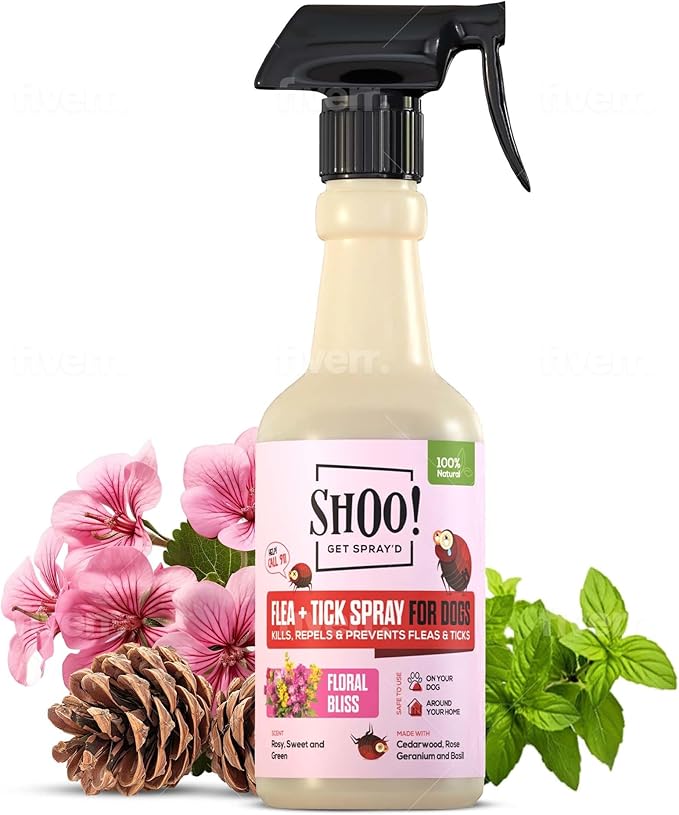 Shoo! Flea & Tick Spray for Dogs and Home | Plant Based, Natural Oils, Chemical Free Formula | Kills, Repels, Prevents | 16 oz (Floral Bliss)-Mewly Pet